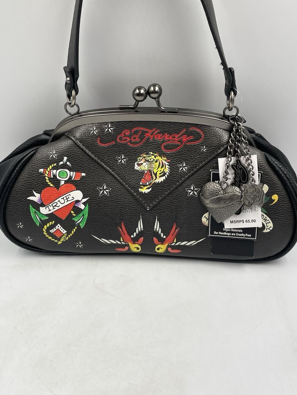 Ed Hardy Black Handbag with Tattoo-style Graphics Including A Tiger Heart NWT